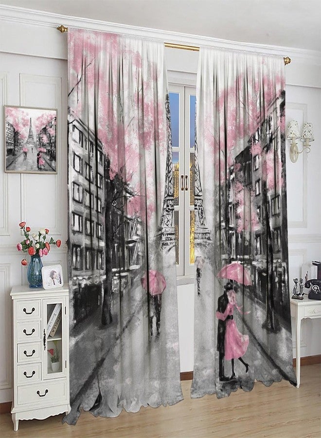 LOMADIA Eiffel Tower Curtain, Oil Painting Style Pink Paris Tower Couple Pattern Window Treatments 2 Panels Drapes for Bedroom Living Room Kitchen Decor 42x45in - Image 3